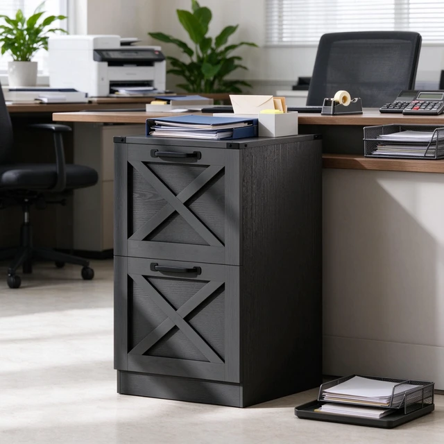Main image of Vertical Printer Stand with Storage Drawers, Vertical Storage Cabinet Fits Letter Size Files, Black, Particle Board