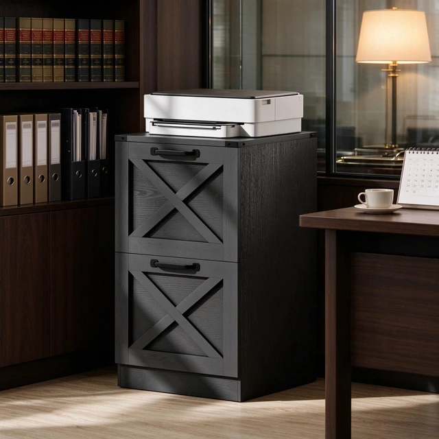 Alt view image 2 of 7 - Vertical Printer Stand with Storage Drawers, Vertical Storage Cabinet Fits Letter Size Files, Black, Particle Board