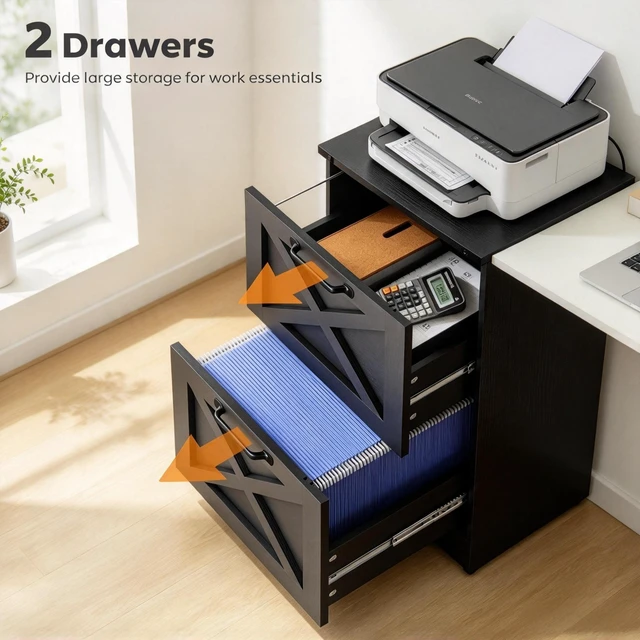 Alt view image 5 of 7 - Vertical Printer Stand with Storage Drawers, Vertical Storage Cabinet Fits Letter Size Files, Black, Particle Board