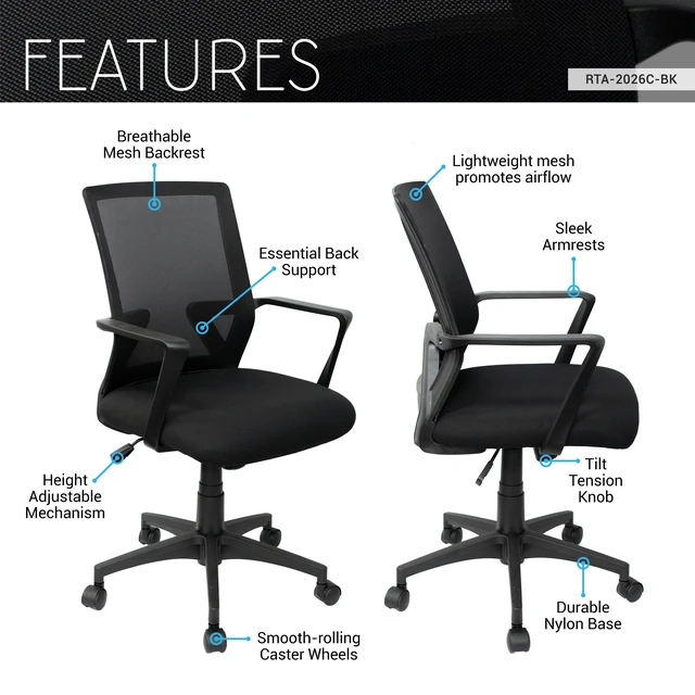 Alt view image 3 of 7 - Ergonomic Mesh Chair with Adjustable Height and Tilt Economical Desk Chair with Lumbar Support, Swivel Base