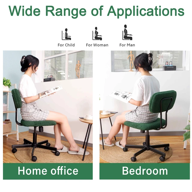Alt view image 7 of 7 - Low Back Velvet Computer Chair, Ergonomic Adjustable Swivel Small Armless Desk Chair, Green, Wood and Metal