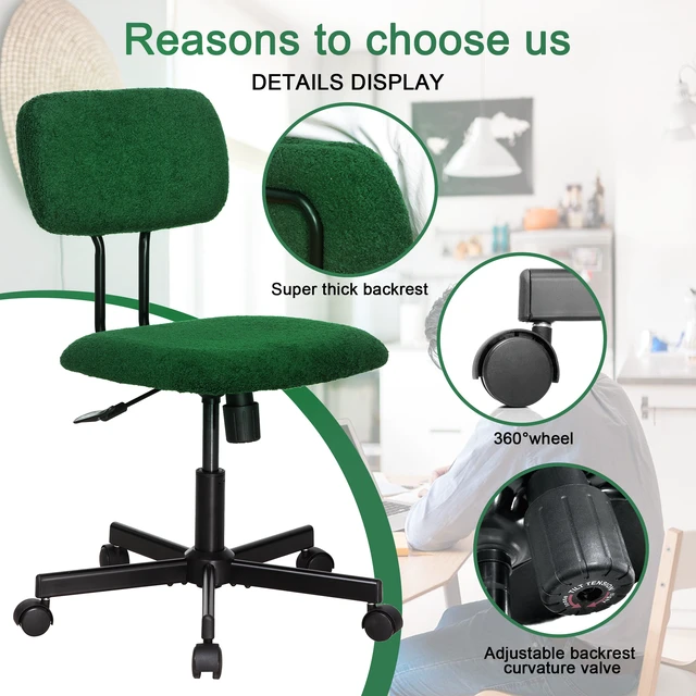 Alt view image 4 of 7 - Low Back Velvet Computer Chair, Ergonomic Adjustable Swivel Small Armless Desk Chair, Green, Wood and Metal