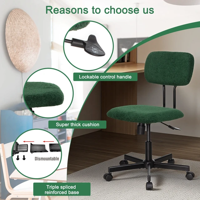 Alt view image 6 of 7 - Low Back Velvet Computer Chair, Ergonomic Adjustable Swivel Small Armless Desk Chair, Green, Wood and Metal