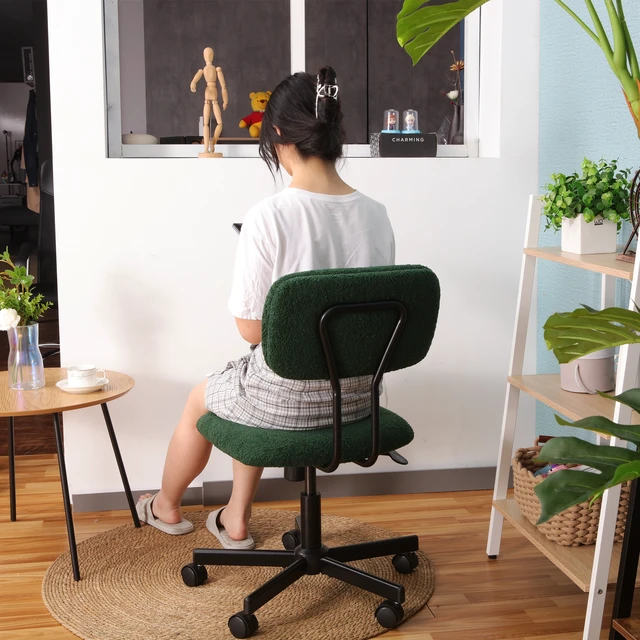 Alt view image 2 of 7 - Low Back Velvet Computer Chair, Ergonomic Adjustable Swivel Small Armless Desk Chair, Green, Wood and Metal