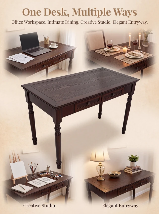 Alt view image 5 of 7 - Writing Desk, Wooden Desk Solid Writing with Drawers 47 Inch with 2 Drawers French Country Walnut, Pine, Work Surfaces