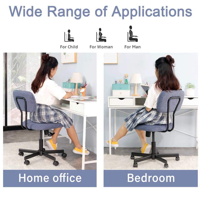 Alt view image 5 of 7 - Low Back Velvet Computer Chair, Ergonomic Adjustable Swivel Small Armless Desk Chair, Blue, Wood and Metal