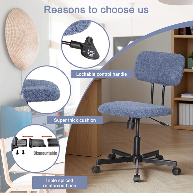 Alt view image 3 of 7 - Low Back Velvet Computer Chair, Ergonomic Adjustable Swivel Small Armless Desk Chair, Blue, Wood and Metal