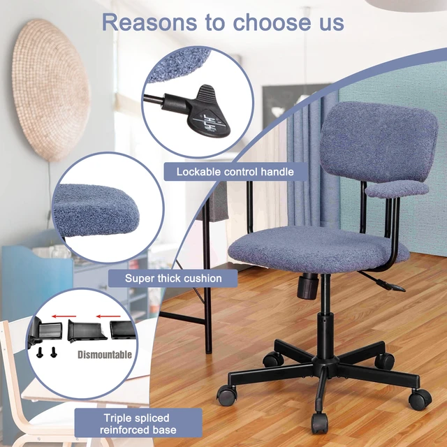 Alt view image 2 of 6 - Low Back Velvet Computer Chair with Armrest, Ergonomic Adjustable Swivel Small Desk Chair, Blue, Wood and Metal