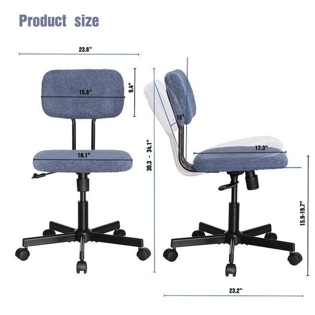 Alt view image 4 of 7 - Low Back Velvet Computer Chair, Ergonomic Adjustable Swivel Small Armless Desk Chair, Blue, Wood and Metal