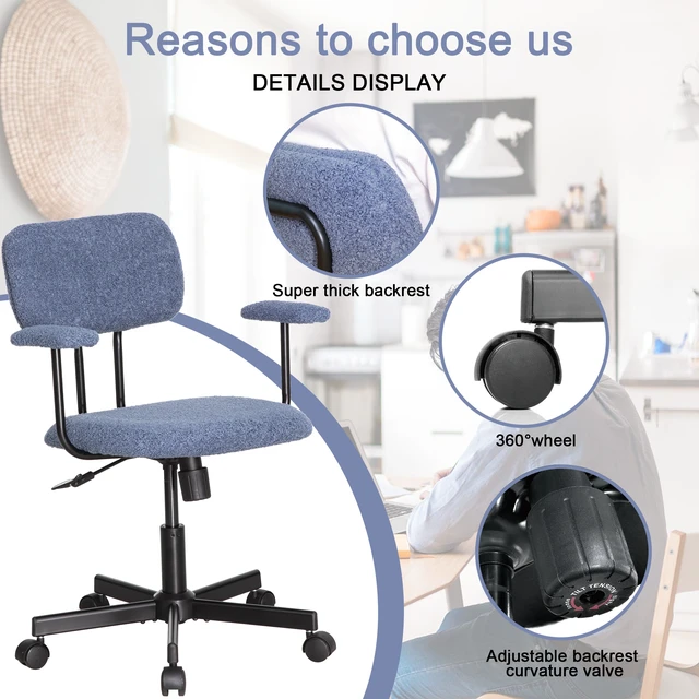 Alt view image 5 of 6 - Low Back Velvet Computer Chair with Armrest, Ergonomic Adjustable Swivel Small Desk Chair, Blue, Wood and Metal