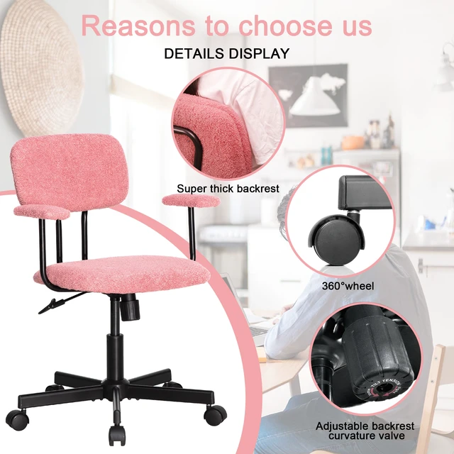 Alt view image 3 of 7 - Low Back Velvet Computer Chair with Armrest, Ergonomic Adjustable Swivel Small Desk Chair, Pink, Wood and Metal