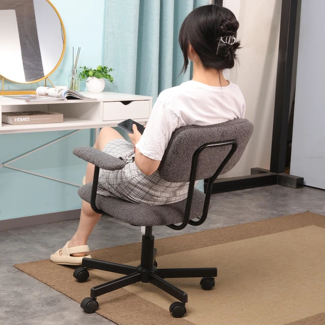 Main image of Low Back Velvet Computer Chair with Armrest, Ergonomic Adjustable Swivel Small Desk Chair, Grey, Wood and Metal