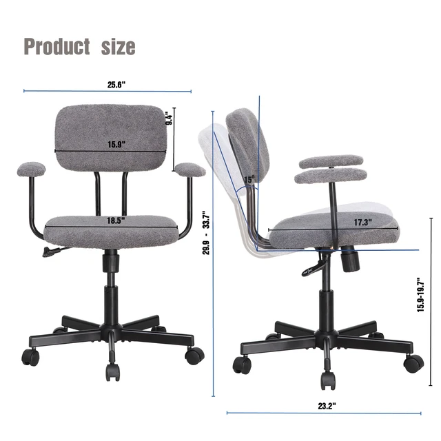 Alt view image 3 of 7 - Low Back Velvet Computer Chair with Armrest, Ergonomic Adjustable Swivel Small Desk Chair, Grey, Wood and Metal