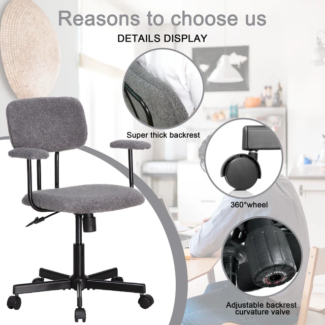 Alt view image 4 of 7 - Low Back Velvet Computer Chair with Armrest, Ergonomic Adjustable Swivel Small Desk Chair, Grey, Wood and Metal