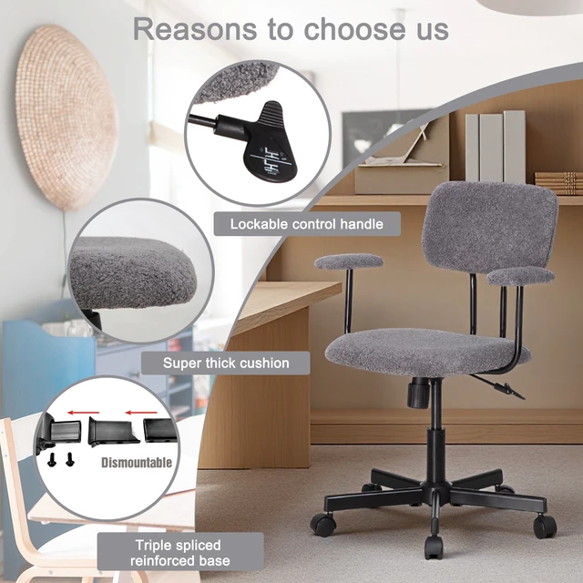 Alt view image 5 of 7 - Low Back Velvet Computer Chair with Armrest, Ergonomic Adjustable Swivel Small Desk Chair, Grey, Wood and Metal
