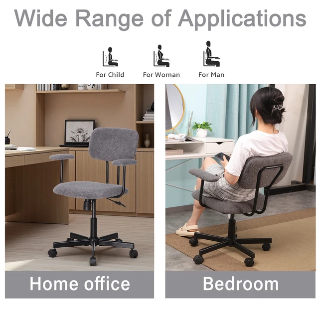 Alt view image 6 of 7 - Low Back Velvet Computer Chair with Armrest, Ergonomic Adjustable Swivel Small Desk Chair, Grey, Wood and Metal