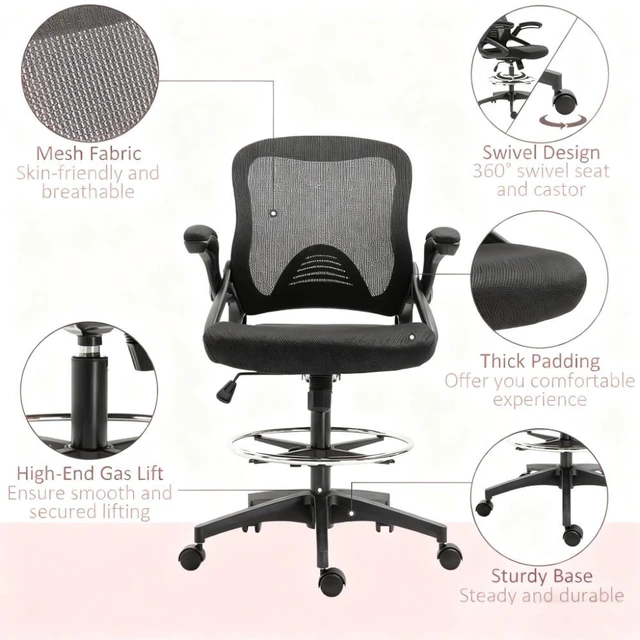 Alt view image 7 of 7 - Mesh Drafting Chair Unique Design, Studio Artists and Pros, Black, Fabric, Nylon and Steel, Chairs