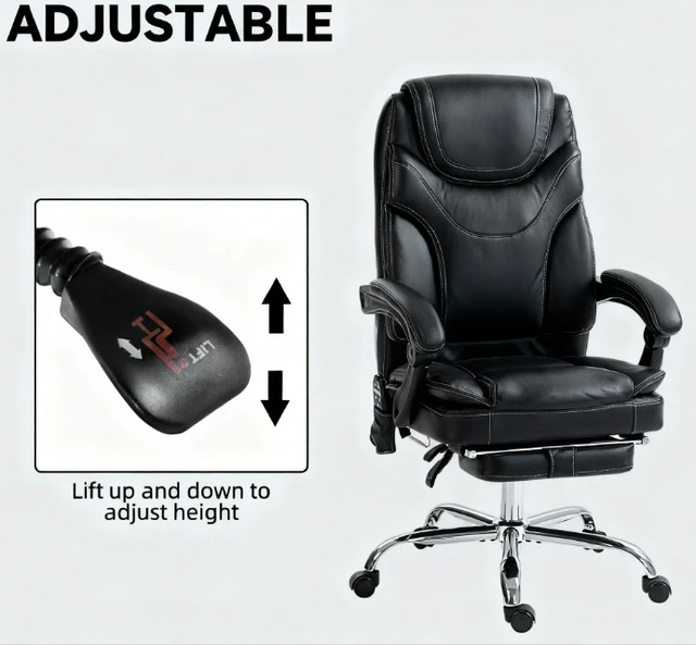 Alt view image 4 of 7 - Massage Chair, Leather Heated Reclining Computer Chair with Footrest, Black, Foam, PU Leather and Steel
