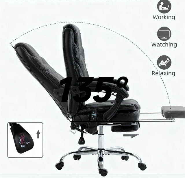 Alt view image 6 of 7 - Massage Chair, Leather Heated Reclining Computer Chair with Footrest, Black, Foam, PU Leather and Steel
