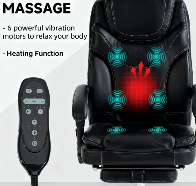 Alt view image 7 of 7 - Massage Chair, Leather Heated Reclining Computer Chair with Footrest, Black, Foam, PU Leather and Steel