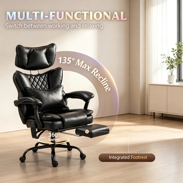 Alt view image 4 of 7 - Ergonomic High-Back Leather Chair with Vibration Massage and Heating Function, Reclining Computer Chair with Padded