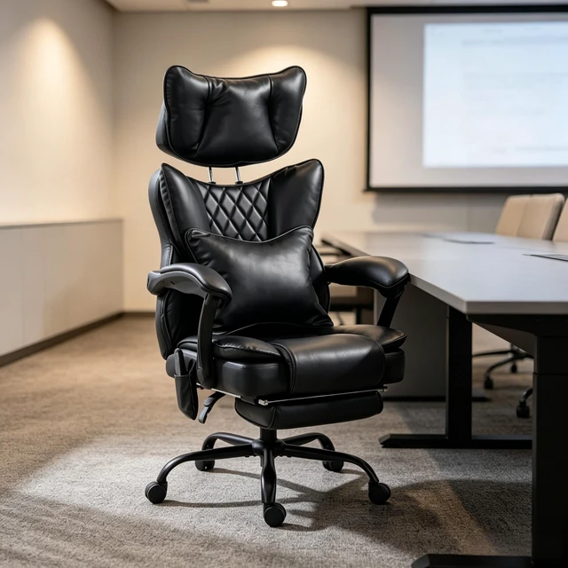 Alt view image 2 of 7 - Ergonomic High-Back Leather Chair with Vibration Massage and Heating Function, Reclining Computer Chair with Padded