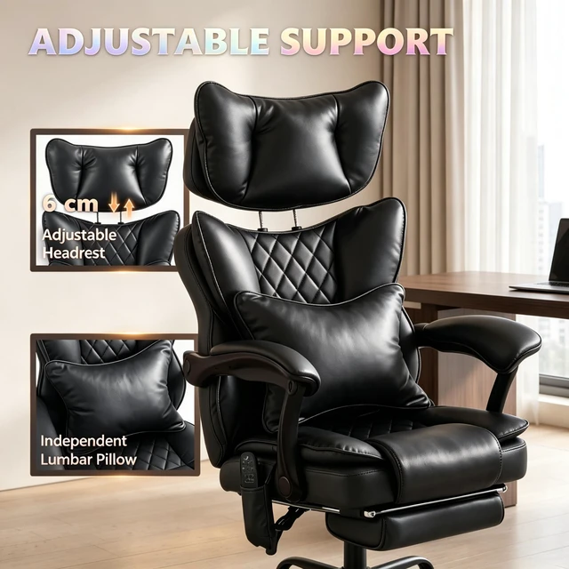 Alt view image 5 of 7 - Ergonomic High-Back Leather Chair with Vibration Massage and Heating Function, Reclining Computer Chair with Padded