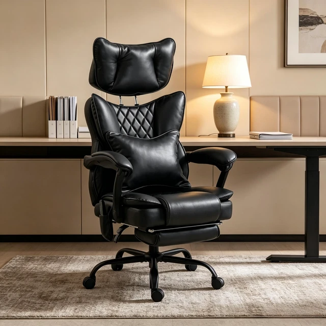 Alt view image 6 of 7 - Ergonomic High-Back Leather Chair with Vibration Massage and Heating Function, Reclining Computer Chair with Padded