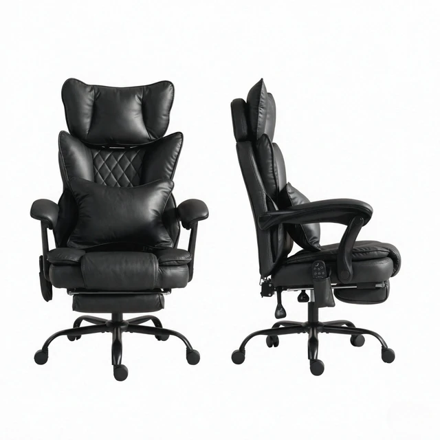 Alt view image 7 of 7 - Ergonomic High-Back Leather Chair with Vibration Massage and Heating Function, Reclining Computer Chair with Padded