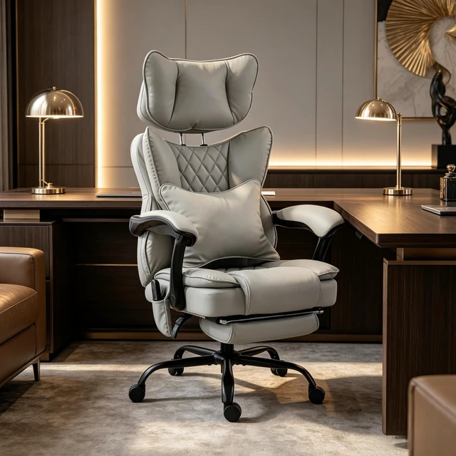 Main image of Reclining Computer Chair with Padded Headrest for Executive Use, Ergonomic High-Back Leather Chair with Vibration