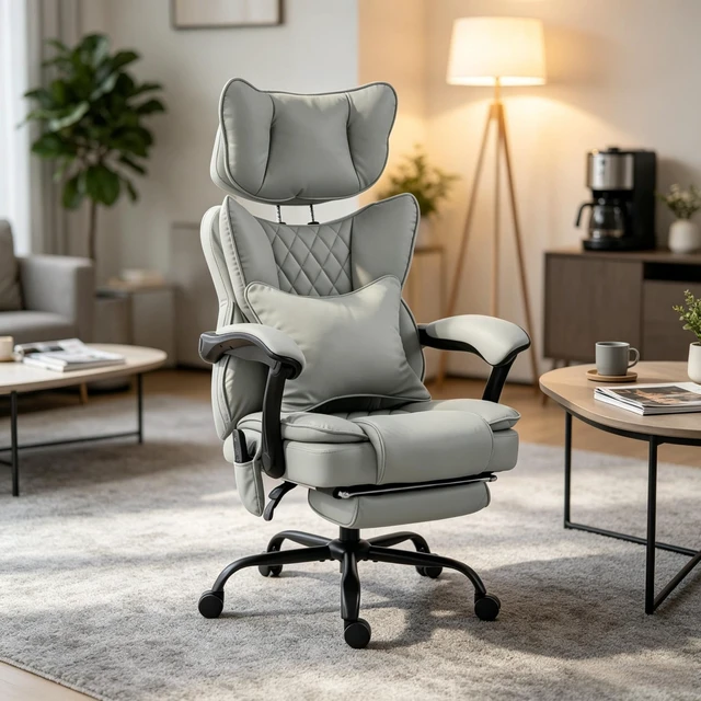 Alt view image 2 of 7 - Reclining Computer Chair with Padded Headrest for Executive Use, Ergonomic High-Back Leather Chair with Vibration