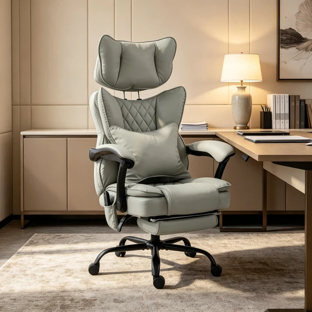 Alt view image 4 of 7 - Reclining Computer Chair with Padded Headrest for Executive Use, Ergonomic High-Back Leather Chair with Vibration