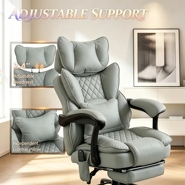 Alt view image 6 of 7 - Reclining Computer Chair with Padded Headrest for Executive Use, Ergonomic High-Back Leather Chair with Vibration