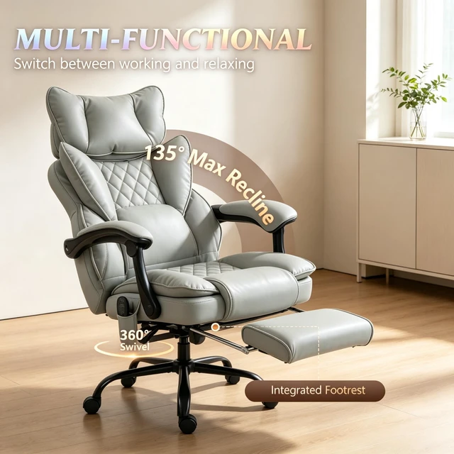 Alt view image 7 of 7 - Reclining Computer Chair with Padded Headrest for Executive Use, Ergonomic High-Back Leather Chair with Vibration