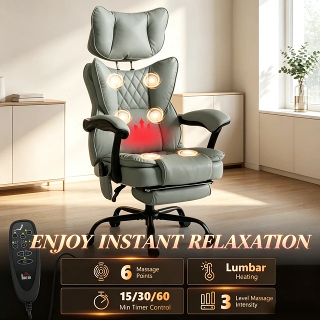 Alt view image 3 of 7 - Reclining Computer Chair with Padded Headrest for Executive Use, Ergonomic High-Back Leather Chair with Vibration