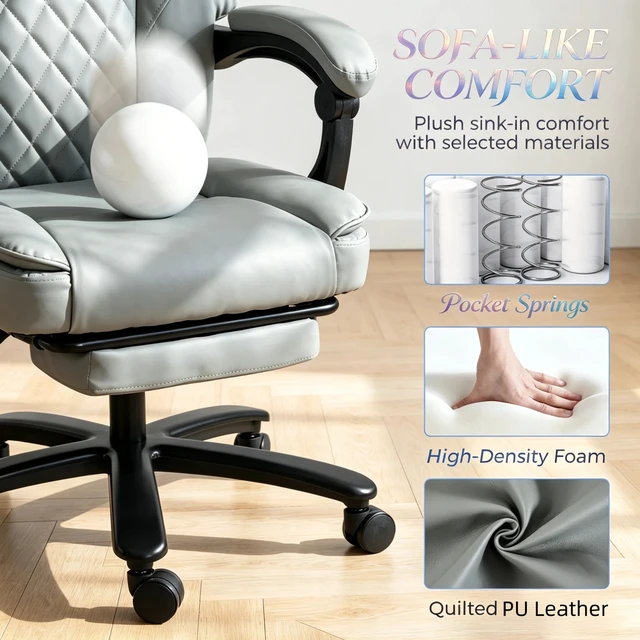 Alt view image 4 of 7 - Executive Desk Chair with Backrest, Swivel Chair Rolling Computer Adjustable Desk Only Light Gray, Foam, Metal and Wood