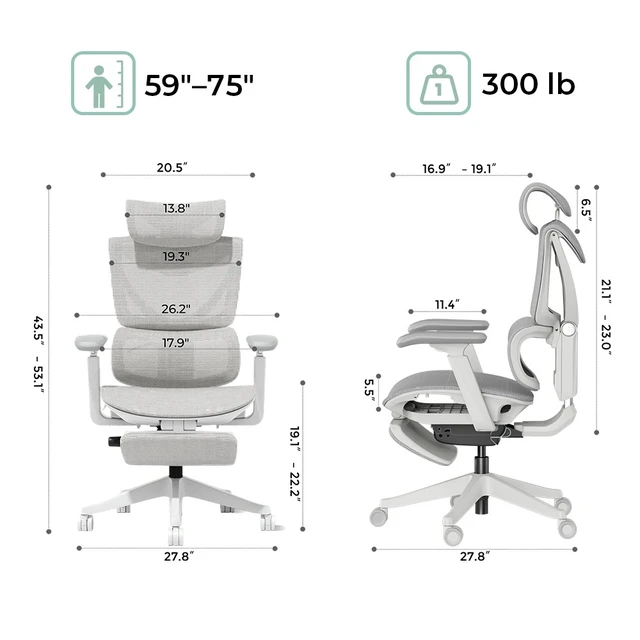 Alt view image 2 of 7 - Ergonomic Mesh Chair with Button Precision Control, Adjustable Recline and Armrest Built in Footrest Class Gas Lift 300