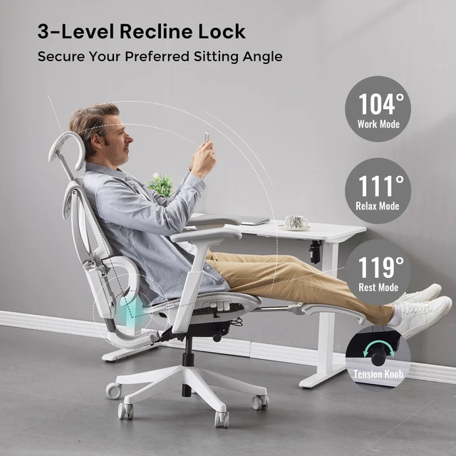 Alt view image 4 of 7 - Ergonomic Mesh Chair with Button Precision Control, Adjustable Recline and Armrest Built in Footrest Class Gas Lift 300