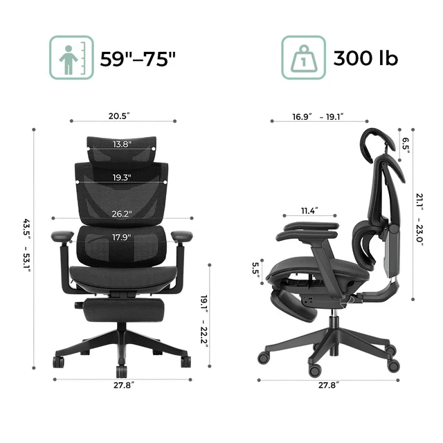 Alt view image 2 of 7 - Ergonomic Mesh Chair with Button Precision Control, Adjustable Recline and Armrest Built in Footrest Class Gas Lift 300