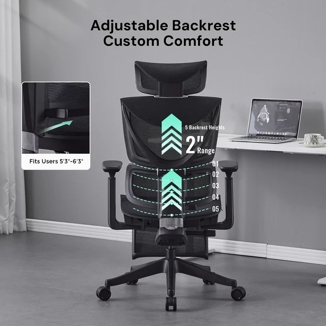 Alt view image 7 of 7 - Ergonomic Mesh Chair with Button Precision Control, Adjustable Recline and Armrest Built in Footrest Class Gas Lift 300