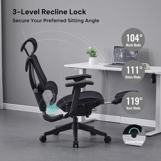 Alt view image 6 of 7 - Ergonomic Mesh Chair with Button Precision Control, Adjustable Recline and Armrest Built in Footrest Class Gas Lift 300