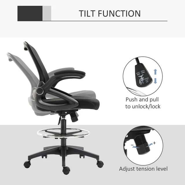 Alt view image 5 of 7 - Mesh Drafting Chair, Tall Chair with Lumbar Support Flip Armrests Footrest Ring and Adjustable Seat Height, Black