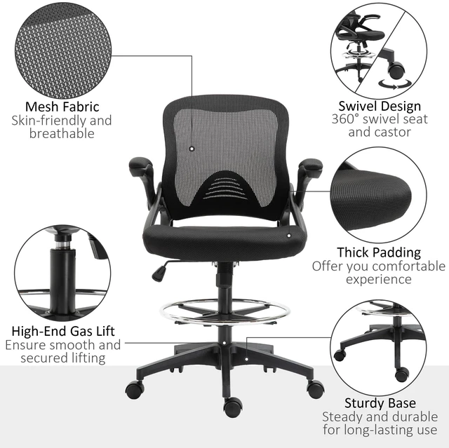 Alt view image 4 of 7 - Mesh Drafting Chair, Tall Chair with Lumbar Support Flip Armrests Footrest Ring and Adjustable Seat Height, Black