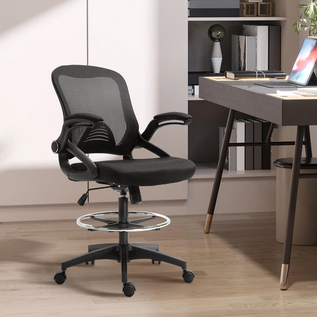 Alt view image 6 of 7 - Mesh Drafting Chair, Tall Chair with Lumbar Support Flip Armrests Footrest Ring and Adjustable Seat Height, Black
