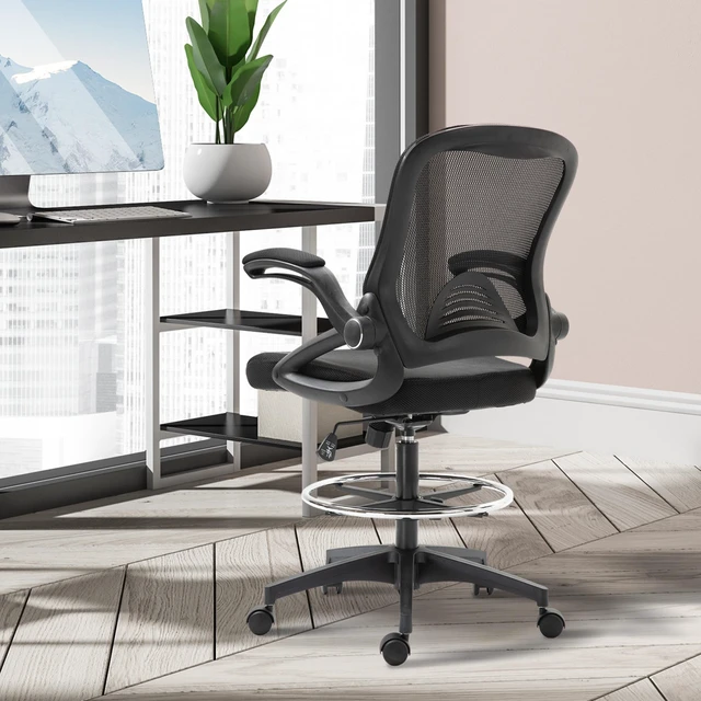 Alt view image 3 of 7 - Mesh Drafting Chair, Tall Chair with Lumbar Support Flip Armrests Footrest Ring and Adjustable Seat Height, Black