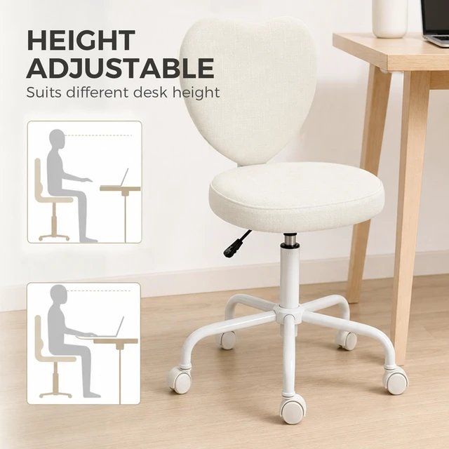 Alt view image 5 of 7 - Armless Desk Chair, Fabric Makeup Vanity Chair with Heart Shape Swivel Wheels Height Adjustable, White, Linen