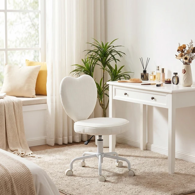 Alt view image 3 of 7 - Armless Desk Chair, Fabric Makeup Vanity Chair with Heart Shape Swivel Wheels Height Adjustable, White, Linen