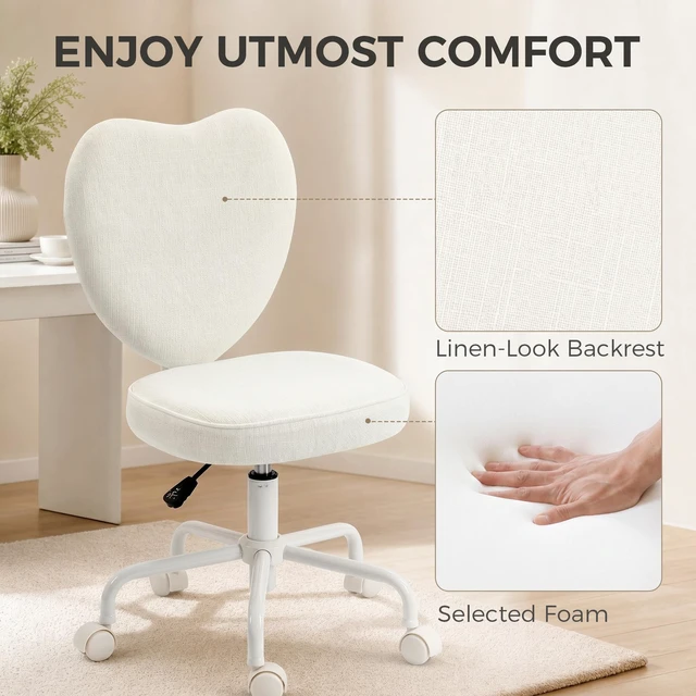 Alt view image 6 of 7 - Armless Desk Chair, Fabric Makeup Vanity Chair with Heart Shape Swivel Wheels Height Adjustable, White, Linen