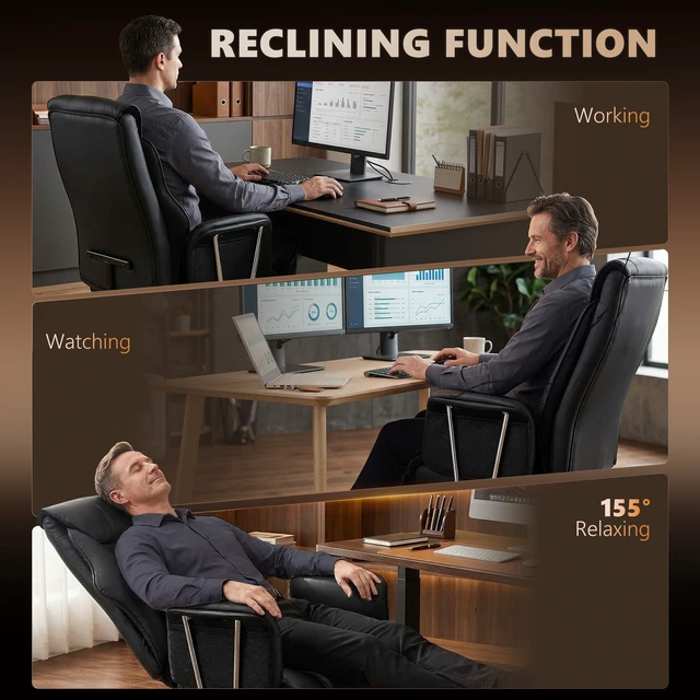 Alt view image 3 of 7 - Massage Chair with Point Vibration, 155° Recline and Retractable Footrest Leather Executive Computer Desk Chair
