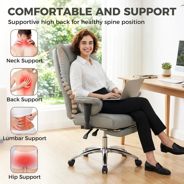Alt view image 6 of 7 - Ergonomic Executive Chair with Foot Rest, Reclining Swivel Computer Desk Chair with Adjustable Armrests Spring Seat